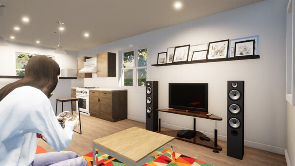 Interior of the Cooper Carriage House. One of the many very popular 1 bedroom laneway house plans from Adaptive House Plans