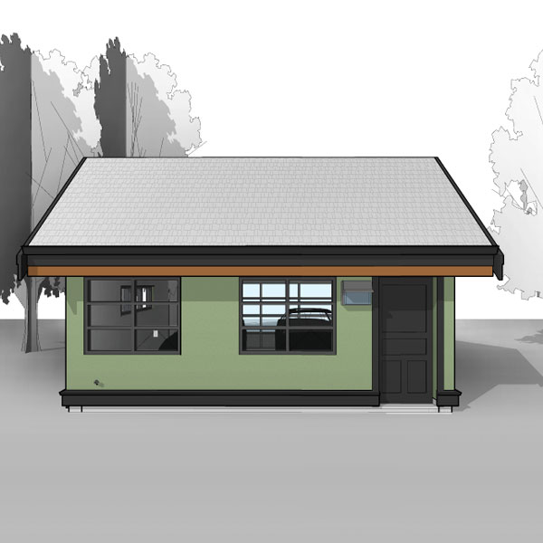 Adaptive House Plans. Blueprints - The Saltbox Two-Car Garage - Back Perspective Elevation