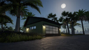 Nighttime view from the driveway. The Saltbox 2 car detached garage plan blueprint.