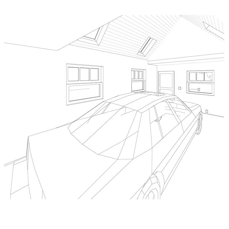 Interior perspective of Dutch gable style one-car garage design