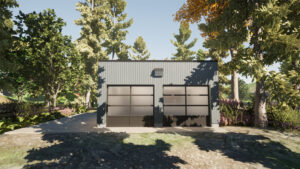 Front view of the Cube a modern 2 car garage plan with a flat roof.