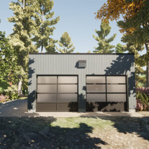 Front view of the Cube a modern 2 car garage plan with a flat roof.