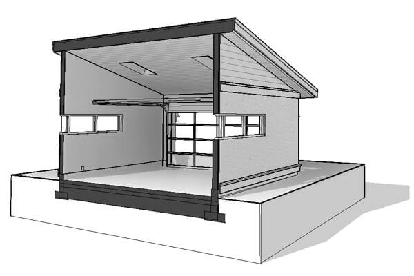 Saltbox two-car garage 3D section