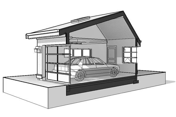 Saltbox two-car garage 3D section