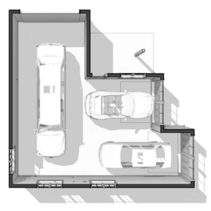 Aerial 3D floor plan for three car garage big enough for an RV