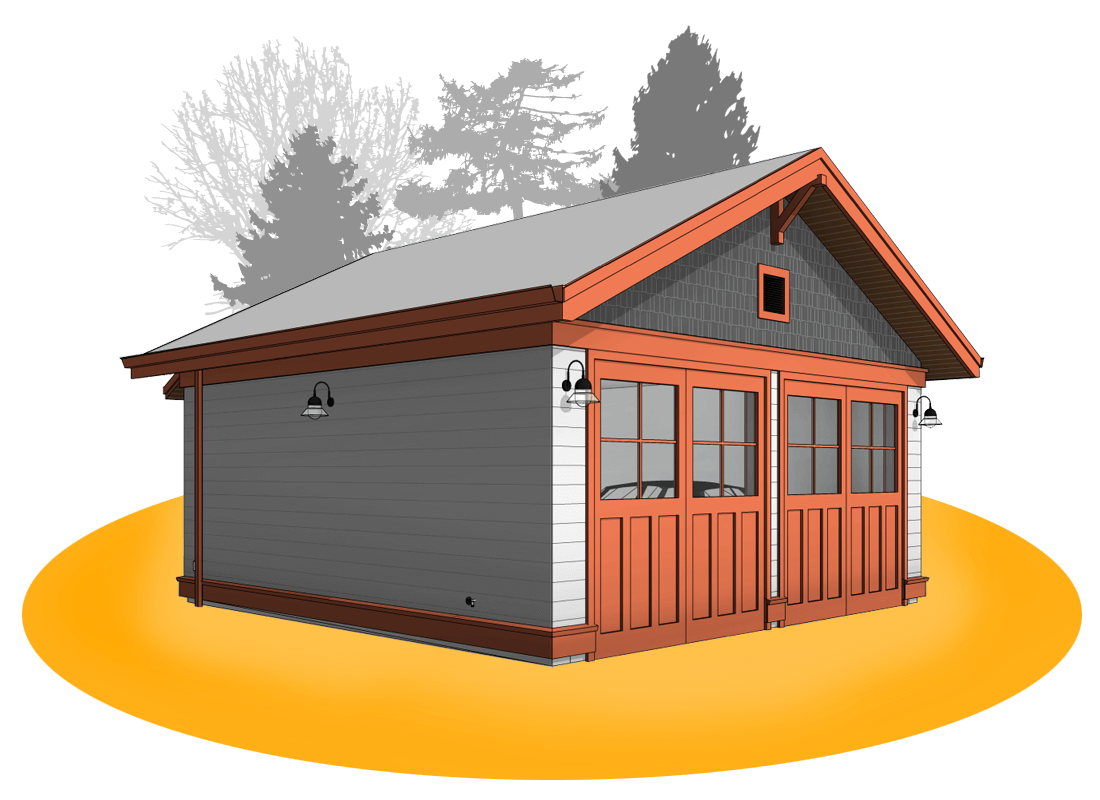 3D perspective of Craftsman style two-car garage design