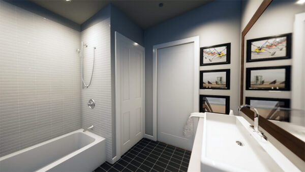 Bathroom view of the Cooper One-Bedroom Carriage House. One of the many very popular 1 bedroom laneway house plans from Adaptive House Plans