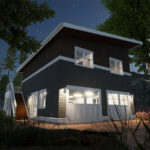Evening view of the Cooper One-Bedroom Carriage House. Laneway House Floor Plans from Adaptive House Plan