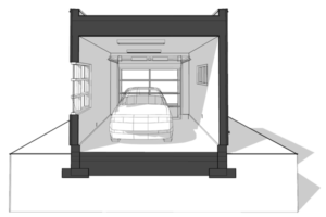contemporary styled one-car garage 3D section view