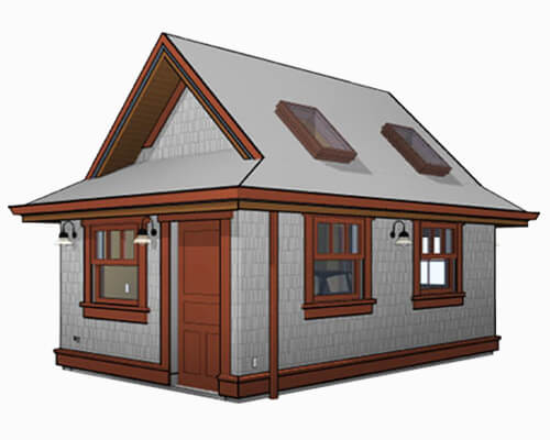 Back perspective of Dutch gable style one-car garage design