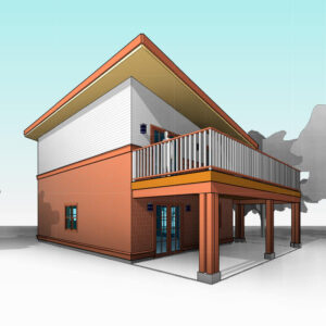 The Cooper – Southwest perspective elevation. One of the many very popular 1 bedroom laneway house plans from Adaptive House Plans