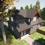 Aerial backside of two storey, two bedroom carriage house