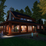 Covered back porch at night view of the Garibaldi Cottage - Two Storey, Three Bedroom Cottage House Plan set.
