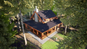 Approaching the backside from the air perspective of the Garibaldi Cottage - Two Storey, Three Bedroom Cottage House Plan set.