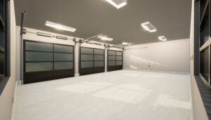 Inside view of this Permit ready garage blueprint. The modern 3-car garage plan CUBE.