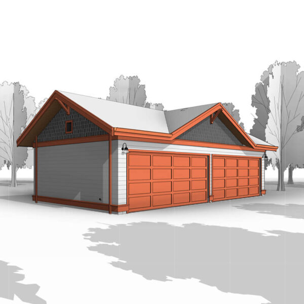 Large four-car garage blueprint. Craftsman style garage, with windows and a gable roof. Adaptive House Plans