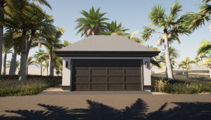 Front perspective of the Mansard two-car garage blueprint package