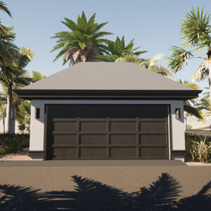 Front perspective of the Mansard two-car garage blueprint package