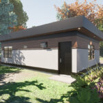 Side view of the Modernist, a flat roof, modern style, three-car garage house plan.
