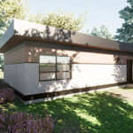Side view of the Modernist, a flat roof, modern style, three-car garage house plan.
