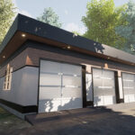 The Modernist 3-car garage blueprint. A contemporary, flat roof, modern style, three-car garage house plan.