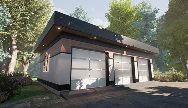 The Modernist 3-car garage blueprint. A contemporary, flat roof, modern style, three-car garage house plan.