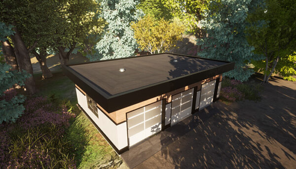 Arial view of the Modernist 3-car garage blueprint. A contemporary, flat roof, modern style, three-car garage house plan.