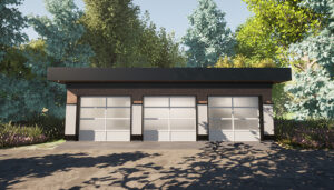 The Modernist 3-car garage blueprint. A contemporary, West Coast garage plan with a flat roof and modern style. Permit ready three-car garage house plan.