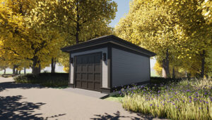 Premium-grade one-car garage blueprint. With large windows and a hip roof. Adaptive House Plans