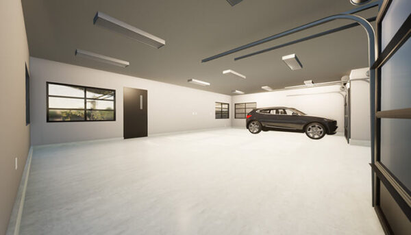 Interior of a modern flat roof garage floor plan. Permit ready house plans in Canada. Adaptive House Plans