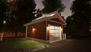 Night view of the West Coast One-Car Garage Plan. A popular garage blueprint at Adaptive House Plans.