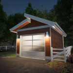 Night view of the West Coast One-Car Garage Plan. A popular garage at Adaptive House Plans.