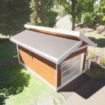 Aerial view of the West Coast One-Car Garage Plan. A permit ready garage blueprint from Adaptive House Plans.
