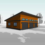 The Eastsider a large three-car garage floor plan. With a modern, sloped flat roof and windows. Premium garage blueprint. Adaptive House Plans