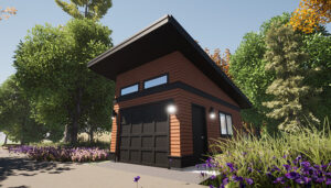 Eastsider a 1-car garage blueprint with a sloped flat roof and modern elements. One-Car Garage Plan - Adaptive House Plans