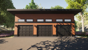 Premium garage plan with windows and a sloped flat roof. The Eastsider 3-Car Garage Blueprint. Adaptive House Plans