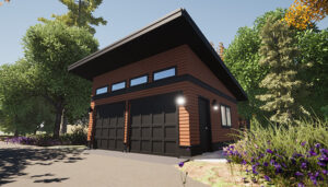 The Eastsider – A 20’x20′ contemporary-style two-car garage floor plan. With enhanced overhangs, vaulted ceiling, windows and 348 square feet of interior floor space. Adaptive House Plans