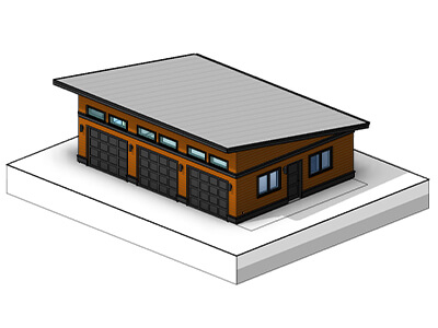 The Eastsider a large three-car garage floor plan. With a modern, and windows. Premium garage blueprint. Adaptive House Plans