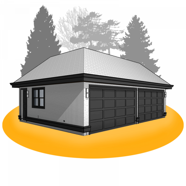 3D perspective of Mansard style 4 car garage blueprints